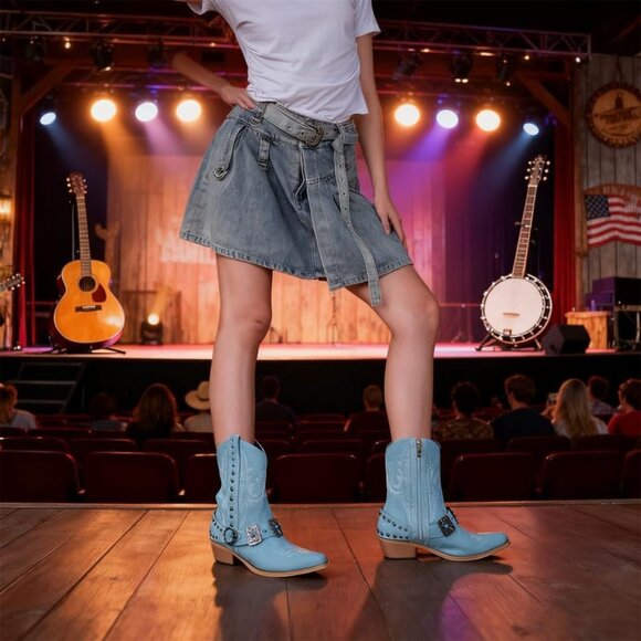 Women's Light Green Embroidery Pointed Toe Rodeo Western Ankle High Heel Boot - Picture 6 of 6